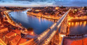 Porto - Panorama of lighted famous bridge Ponte dom Luis