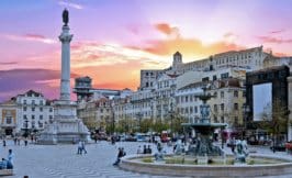 Rossio plaza at dusk in Lisbon Portugal