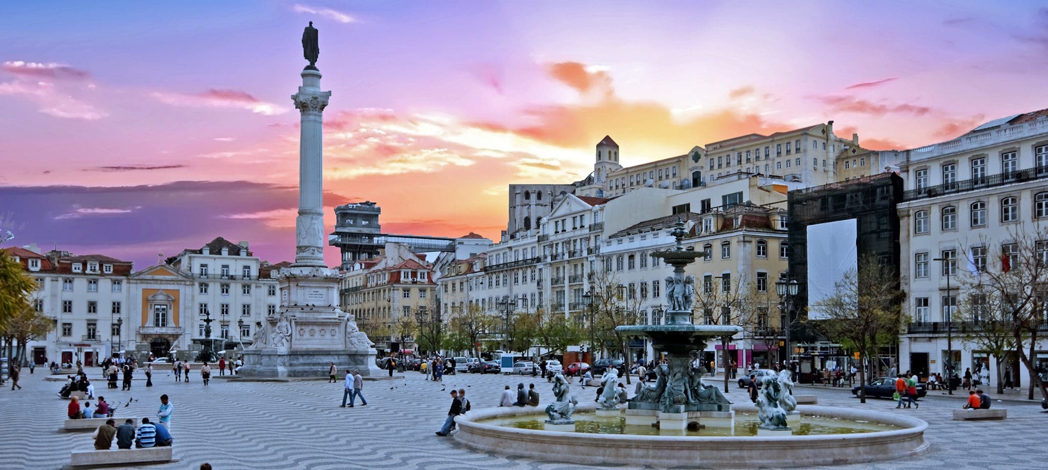 Rossio plaza at dusk in Lisbon Portugal